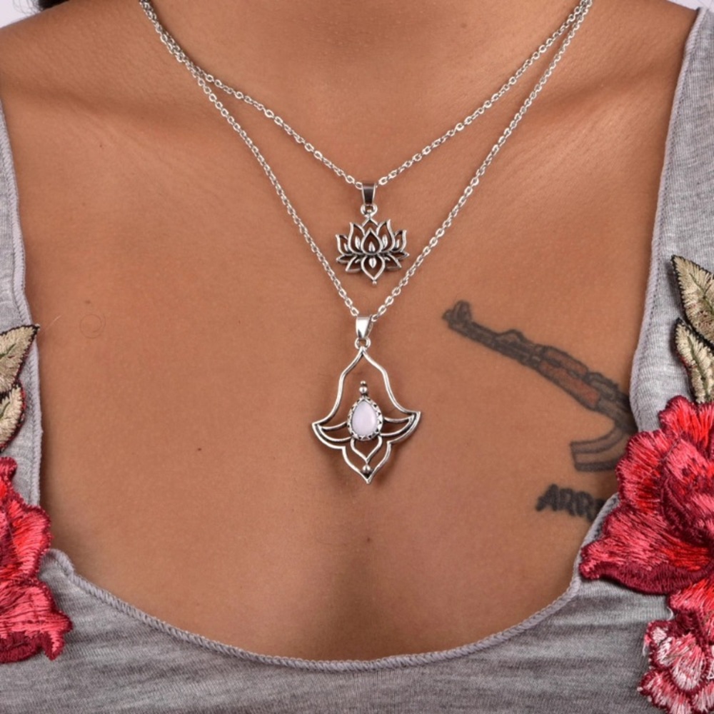 New Silver Lotus Flower Boho Necklace - Picture 3 of 5